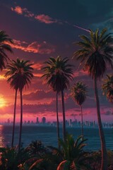 Obraz premium Tropical urban sunset with palm trees and city buildings landscape photography for travel blog tourism marketing and destination promotion 