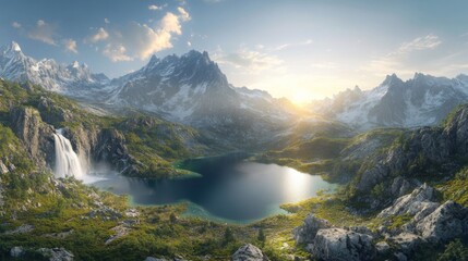 Obraz premium Mountain Lake Landscape with Waterfall at Sunrise