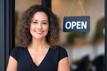 Smiling woman stands confidently by open sign at entrance of her shop. Bright and welcoming atmosphere enhances customer attraction. Concept of retail, entrepreneurship, small business