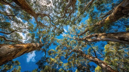 Majestic Eucalyptus Canopy: A Low Angle View of Towering Trees Reaching for the Sky