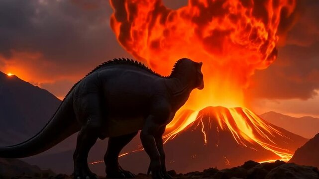 A dinosaur looks at a volcanic eruption
