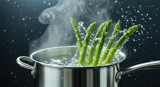 Fresh Asparagus Spears Being Blanched in Boiling Water with Steam and Splashes