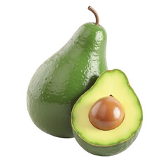 Two Green Avocados - Whole and Halved with Pit - Healthy Fruit PNG with Transparent Background