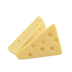 Two realistic triangular slices of delicious yellow cheese isolated on a transparent background. This is a PNG file.