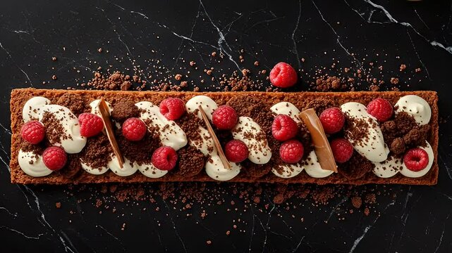 Rectangular Chocolate Raspberry Cake with Cream on a Black Marble Background Delicious Still Life Gourmet Treat and Elegant Culinary Presentation