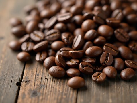 Coffee beans close up on wooden surface. Freshly roasted coffee beans on a rustic wood surface highlight their rich brown color and unique textures.