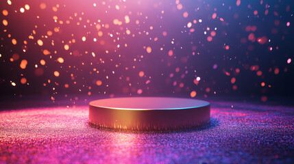A sleek gold podium with neon highlights glows under falling glitter, offering a luxurious stage for showcasing products