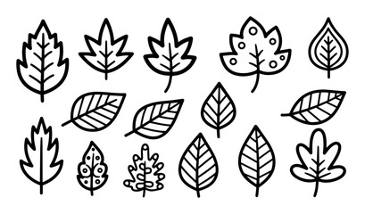hand drawn simple leaf icons set in black and white