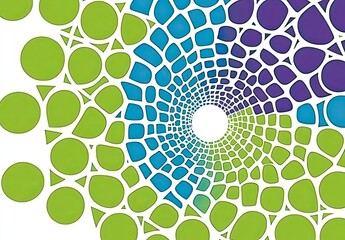 Abstract pattern with concentric circles, vibrant green, teal, and purple shapes, radiating outward from a white center
