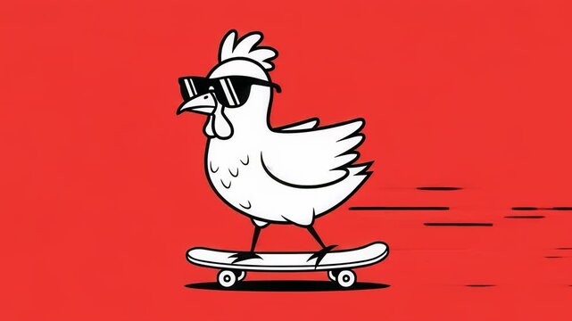 Cool Chicken Skateboarding on Red Background