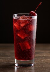 Red Cherry Cocktail in Tall Glass on Dark Wood