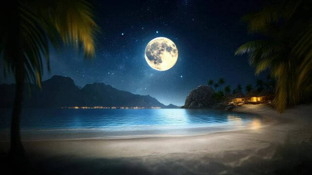 Serene tropical beach at night with full moon illuminating calm ocean, surrounded by palm trees, distant mountains, and cozy hut glowing warmly, creating tranquil and peaceful ambiance.