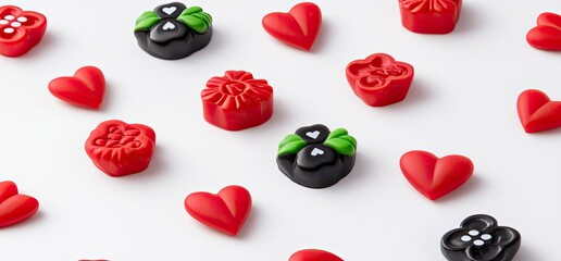 Assorted colorful, decorative, small shapes, possibly candies or decorative buttons