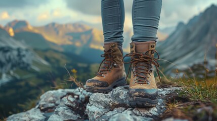 A pair of rugged hiking boots stands on rocky terrain, overlooking a breathtaking mountain landscape, symbolizing adventure and the spirit of exploration in nature.