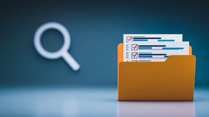 Digital Data Analysis: A visual representation of data analysis, featuring a magnifying glass over a file folder holding documents with checkmarks. Reflecting insights, research.