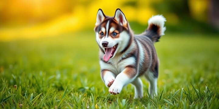 Husky puppy joyfully bounds across vibrant green grass, tongue out ,  tongue out,  green