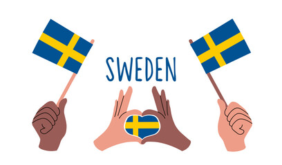 Sweden flags. Vector illustration of diverse hands holding Sweden flags and forming a heart with the Swedish flag. Symbol of unity, patriotism, love for Sweden, celebration of national pride.	