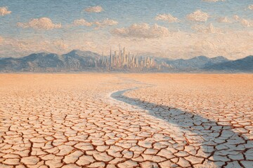Fototapeta premium Dried cracked earth, distant city, mountains