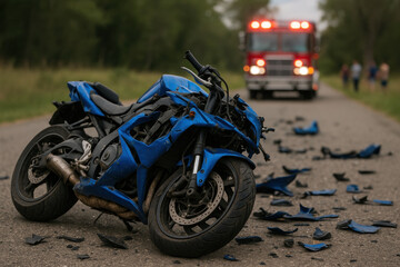 Fototapeta premium Crashed blue motorcycle lying on rural road surrounded by debris as emergency vehicle approaches, accident aftermath in daylight