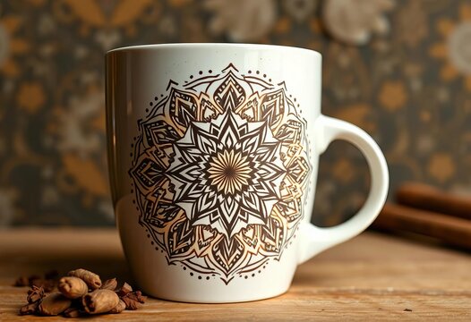 Intricate geometric pattern stamped onto large coffee cup using craft techniques,   printing,  surface