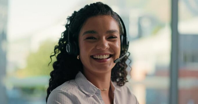 Face, smile and woman with headset at call centre for assistance, customer service and contact us. Portrait, female agent and happy for telecom, consultation services and compliance with crm support