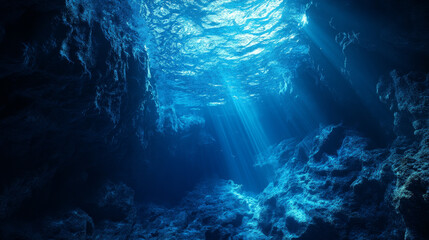 Deep beneath the sea, blue light filters down into the ocean abyss, creating a tranquil and mysterious underwater scene