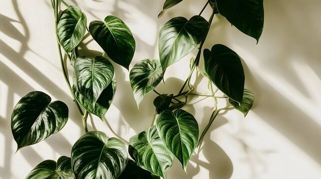 Philodendron gloriosum climbing and growing on white wall with sunlight and shadows