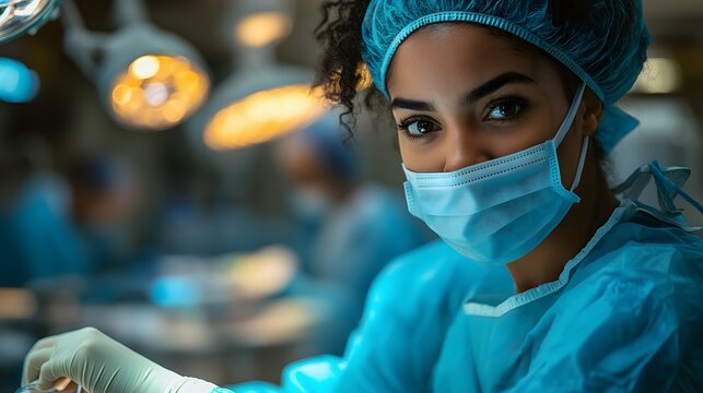Female surgeon wearing protective mask working in operating room