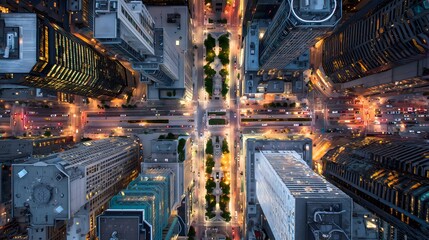Aerial View of Modern City Intersection at Night with Light Trails