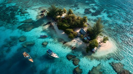 Tropical Island with Boats in Crystal Clear Blue Water – Aerial View