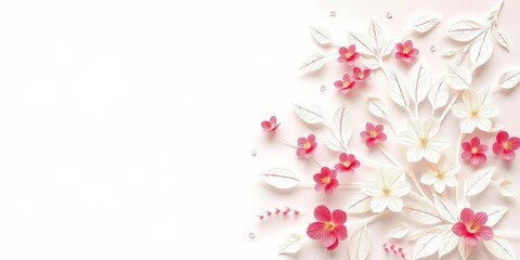 Obraz premium Intricate white paper cut floral design, leaves and blossoms on a plain background, illustration, art