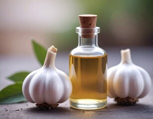 bottle of fresh garlic oil and two bulbs with leaf