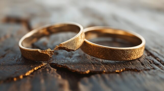 Detailed shot of broken wedding rings on wood, representing divorce, separation, or marital issues.