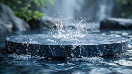 A mesmerizing close-up of a marble round surface with water splashing off it, portraying nature's beauty and the elegance of design in a serene setting.