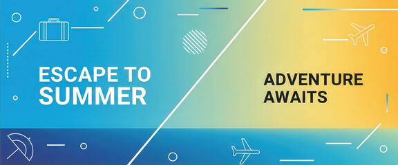 Bold and minimalistic summer banner with airplane, suitcase, and umbrella icons, promoting vacation travel and holiday adventure in vibrant gradient colors.