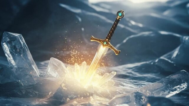 An ancient and mythical sword set against a dramatic landscape. Fantasy background 3d mixed media.