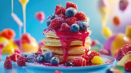 Yummy stack of pancakes garnished with berries and sauce, photographed on a smooth blue backdrop