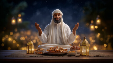 Middle Eastern man with beard looks at camera while enjoying a traditional feast. Festive setting with candles and soft lighting creates warm ambiance