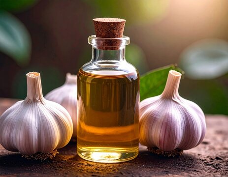 bottle of fresh garlic oil and two bulbs with leaf