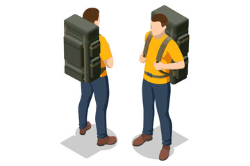 Isometric Tourist with a backpack. Hiker with equipment trekking. A man carry a rucksack or knapsack in a journey. Trekking, outdoor adventure, travel planning