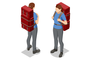 Isometric Tourist with a backpack. Hiker with equipment trekking. A woman carry a rucksack or knapsack in a journey. Trekking, outdoor adventure, travel planning
