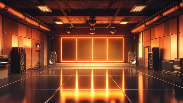 Professional music recording studio interior with modern equipment and stage lighting