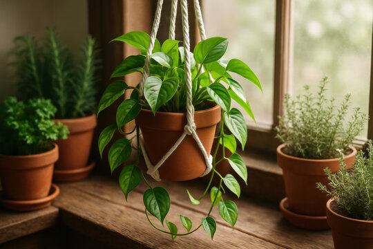 Lush green hanging plant in terracotta pot by sunlit window surrounded by various herbs in ceramic pots indoors