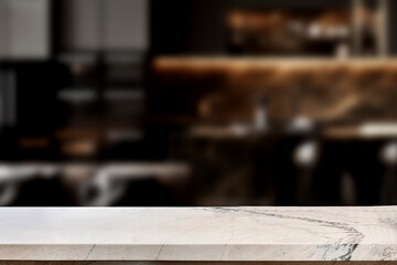Empty marble top table with blurred kitchen interior Background. for product display