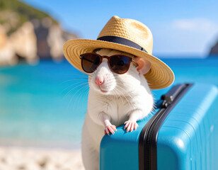 A stylish white rat wearing sunglasses and a straw hat leans confidently on a blue suitcase at a tropical beach, enjoying the sunny summer vacation vibe.