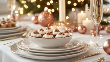 Elegant Holiday Table Setting with Miniature Desserts and Festive Decorations