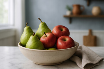 Fresh green pears and red apples arranged in a ceramic bowl on a marble kitchen counter with soft natural morning light