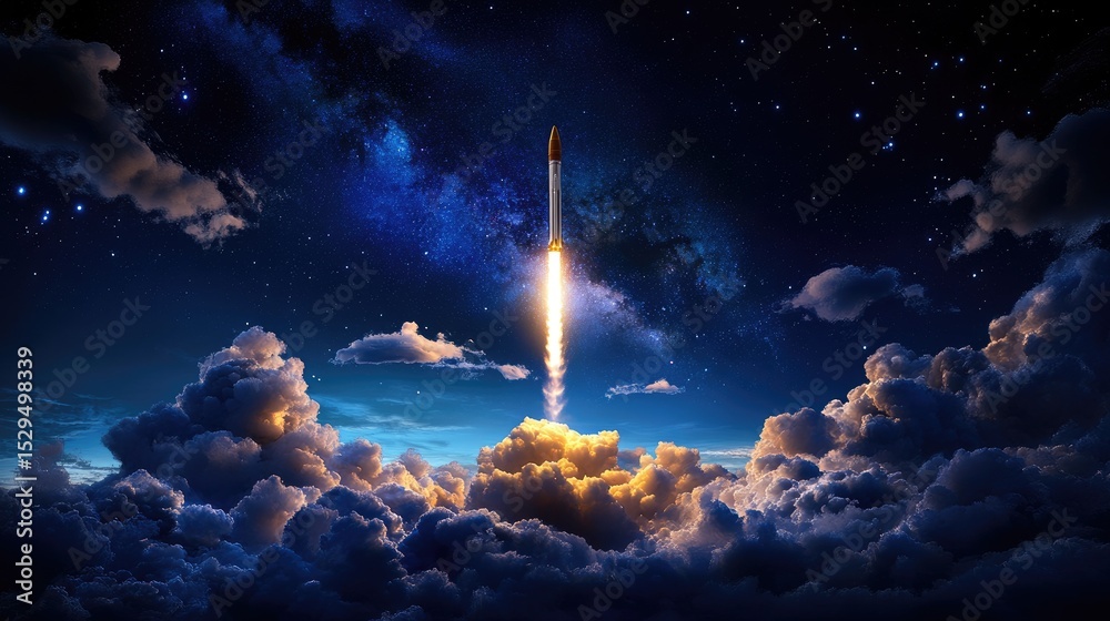 Poster vibrant rocket ascending into a starry night sky, bright flames trailing as swirling clouds glow ben