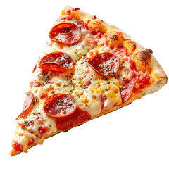 Delicious slice of pizza topped with pepperoni, cheese, and herbs, showcasing crispy crust and vibrant colors that evoke sense of indulgence and satisfaction