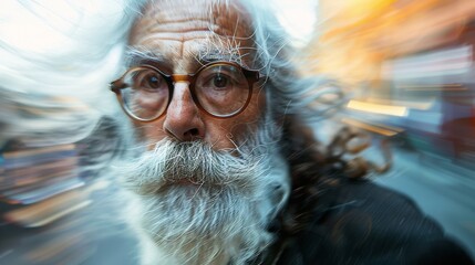 A close-up of an older man with a distinctive beard and glasses, captured in motion that creates a dynamic effect, reflecting life, wisdom, and the passage of time through his expression.